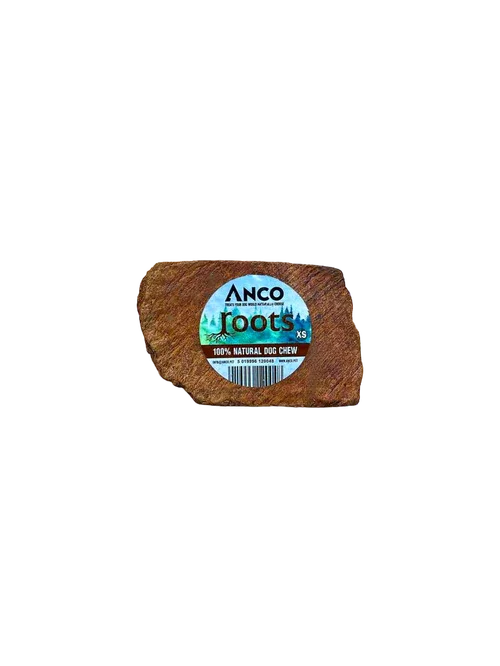 Anco Roots XS 100% natural dog chew with blue circular label on brown textured chew