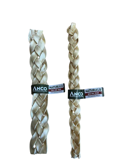 Two braided natural beef dog chews labeled Anco Naturals Mega Beef Braid on white background