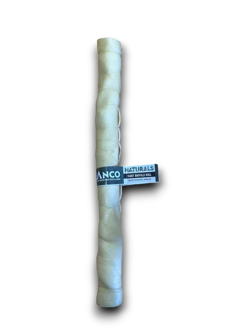 Anco Naturals giant buffalo dog chew roll wrapped with a black and white label on a black background