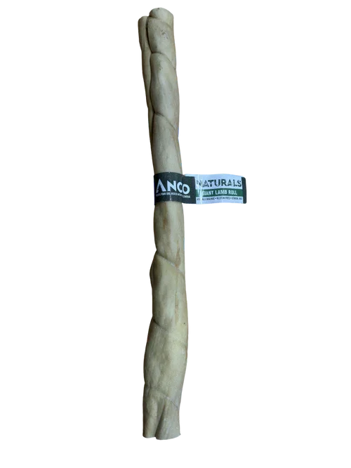 Anco Naturals Giant Lamb Roll braided dog chew treat with black and white label