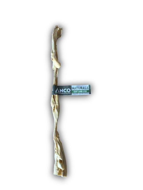 Anco Naturals giant lamb stick dog chew treat with black and white label on black background
