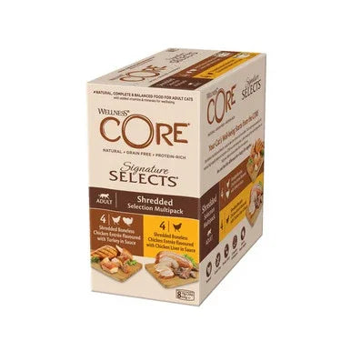 Wellness CORE Signature Selects shredded chicken cat food multipack box with turkey and liver flavors