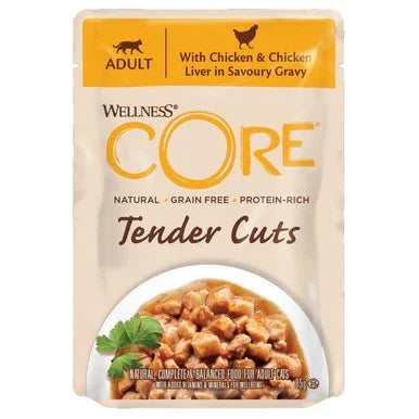 Wellness CORE Adult Tender Cuts cat food pouch with chicken and chicken liver in savory gravy, grain-free, protein-rich