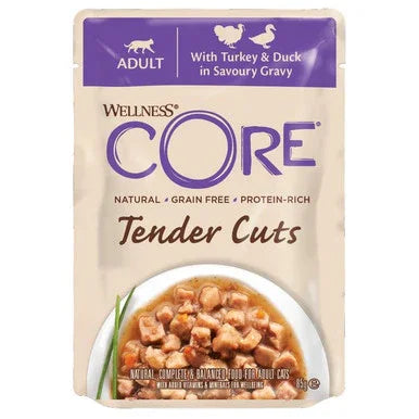 Wellness CORE Tender Cuts cat food pouch with turkey and duck in savory gravy for adult cats