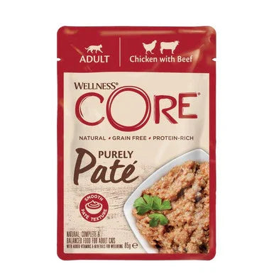 Wellness CORE adult cat food pouch with chicken and beef pureed paté, grain-free protein-rich