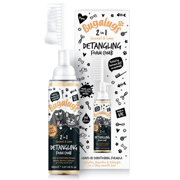 Bugalugs 2-in-1 coconut & lime detangling foam comb for pets with leave-in conditioner