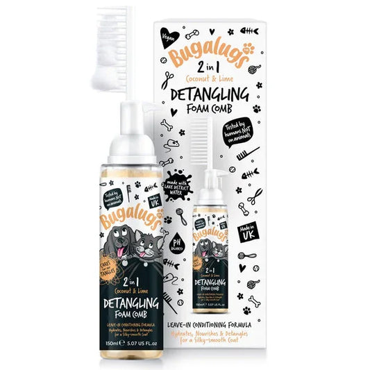 Bugalugs 2-in-1 coconut & lime detangling foam comb for pets with leave-in conditioner