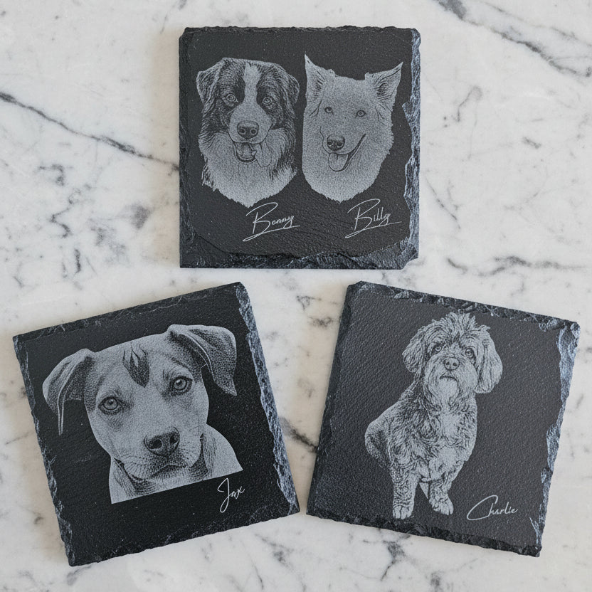 Custom Pet Portrait Slate Coaster | Personalised Laser Engraved Gift with Pet's Name