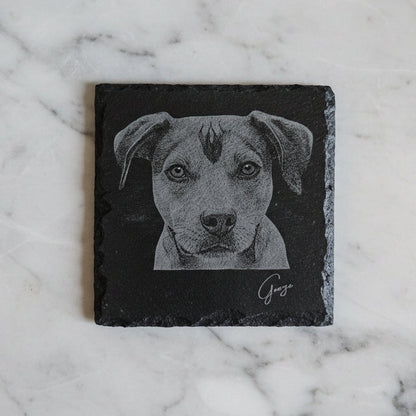 Custom Pet Portrait Slate Coaster | Personalised Laser Engraved Gift with Pet's Name