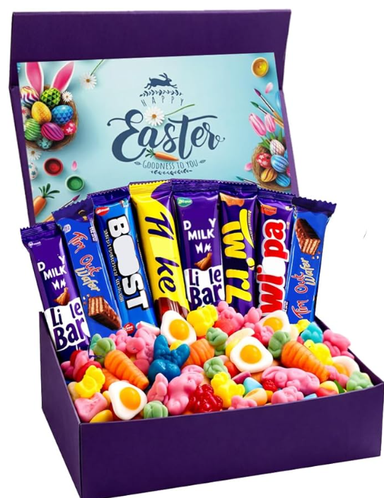 Easter Chocolate Hamper Easter Gift Chocolates Box – 8 Chocolate Bars 300g Easter Sweet Mix in Magnetic Purple Gift Box