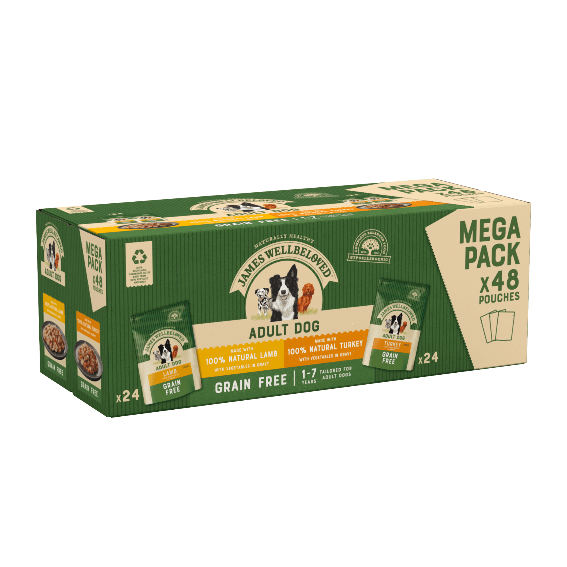 James Wellbeloved Dog Adult Grain-free Turkey/Lamb Pouches 48x100g - North East Pet Shop James Wellbeloved